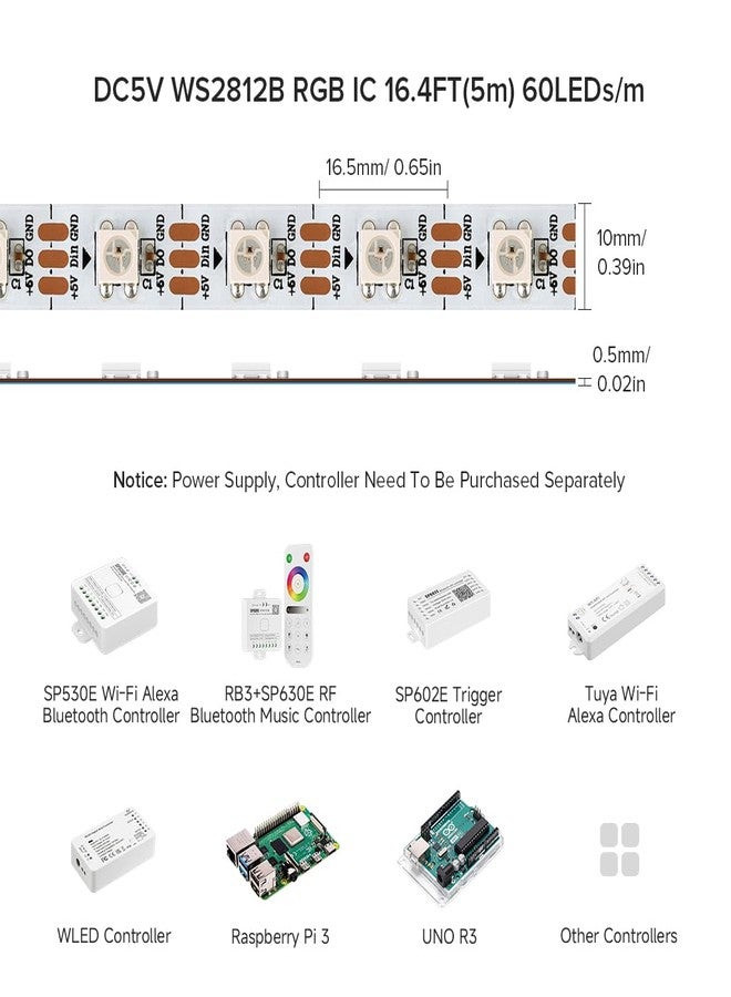 BTF-LIGHTING شريط إضاءة LED من نوع BTF-LIGHTING WS2812B RGB ECO، بتأثيرات متتابعة، 5050SMD، قابل للتحكم بشكل فردي، طوله 16.4 قدم، 60 بكسل/متر، 300 بكسل، مرن، ألوان زاهية، مقاوم للماء والغبار IP67، مناسب لمشاريع غرف النوم التي يمكنك تنفيذها بنفسك، يعمل بجهد 5 فولت تيار مستمر (بدون محول أو وحدة تحكم). - Image 2